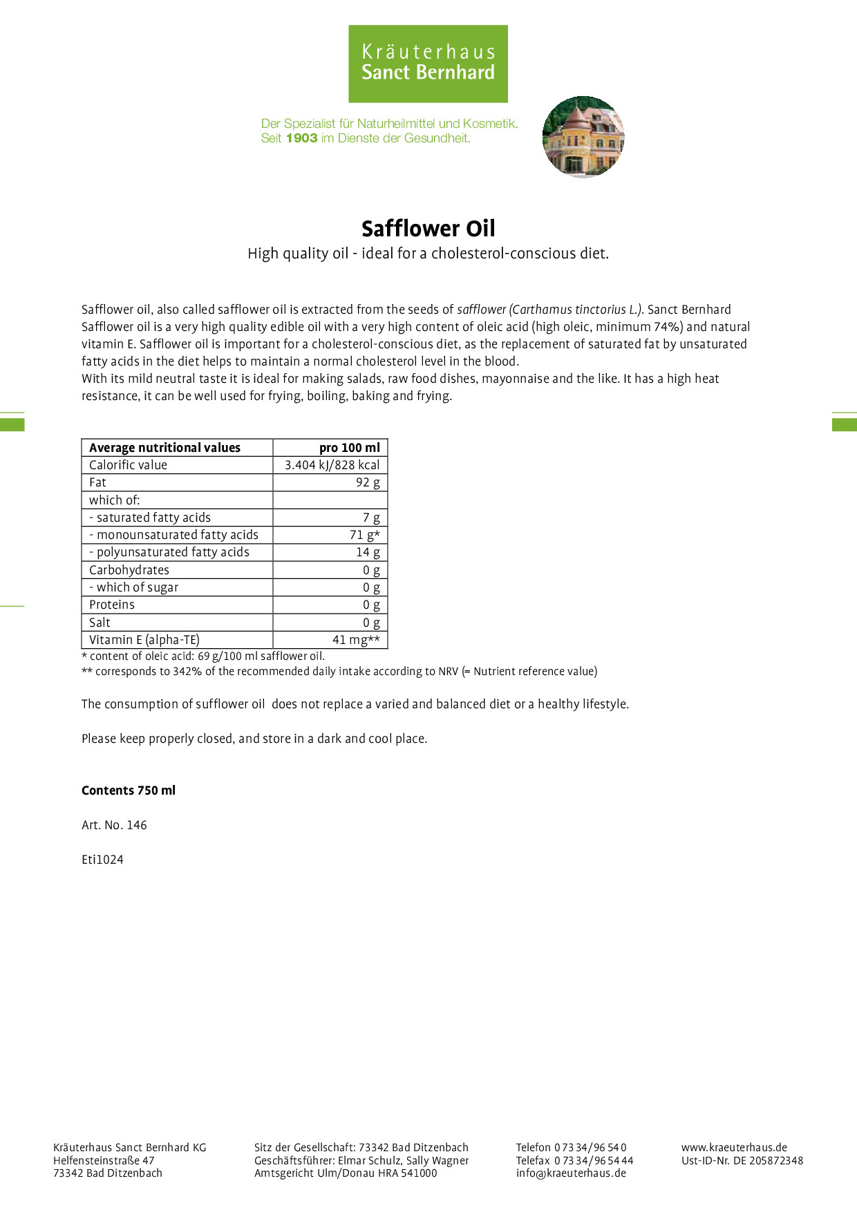 Safflower Oil » Buy securely online now Sanct Bernhard