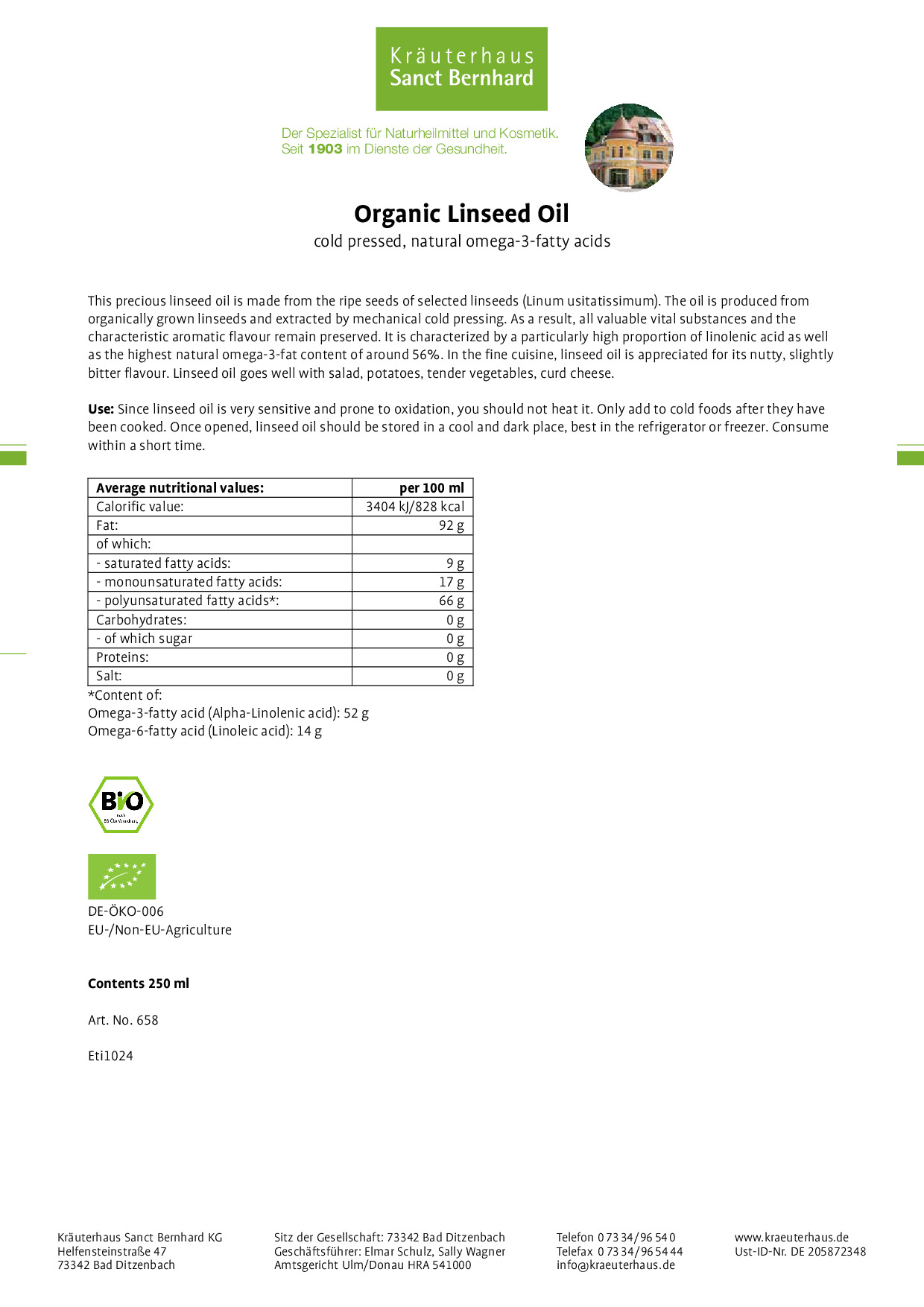 Organic Linseed Oil » Buy securely online now Sanct Bernhard