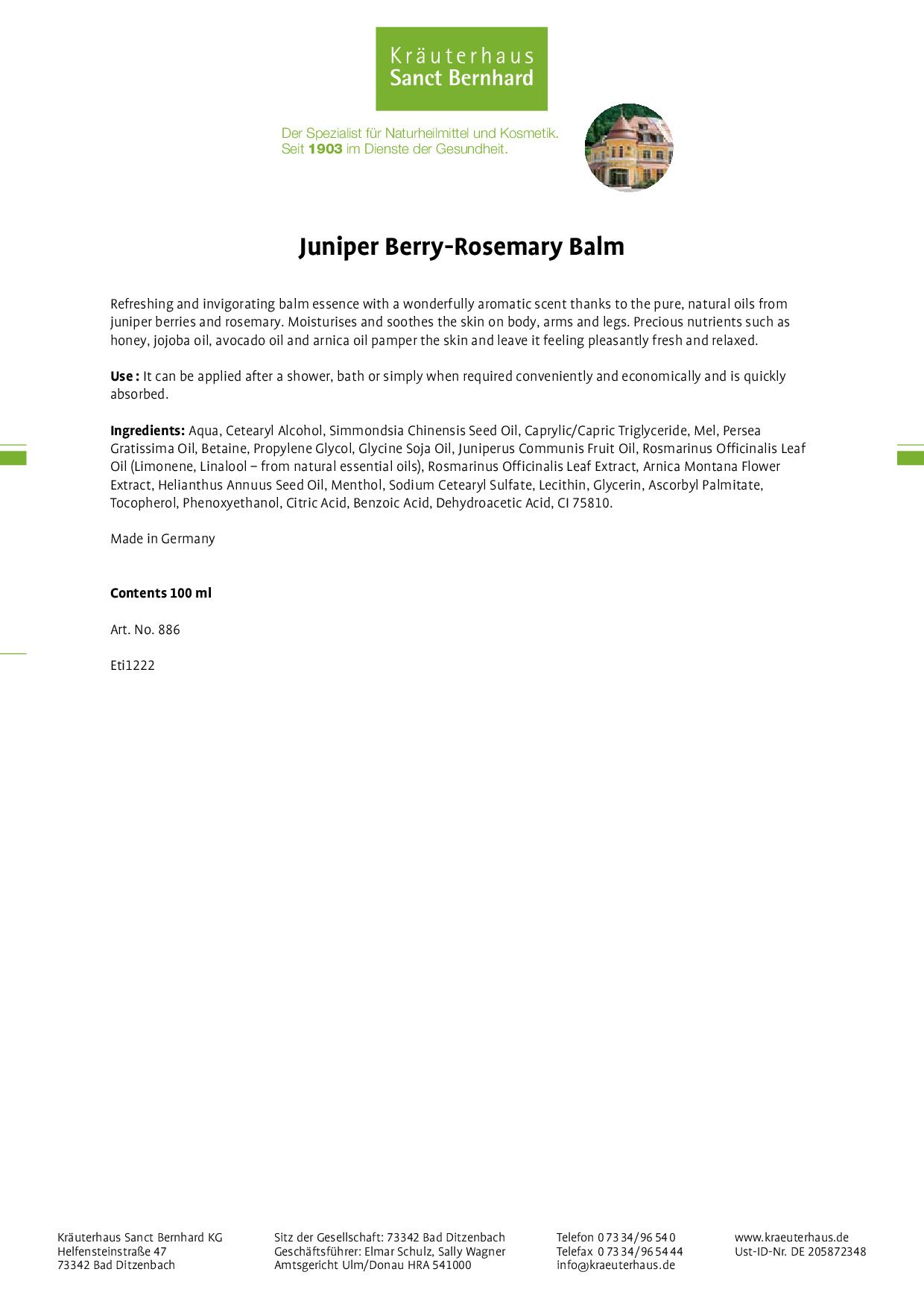 Juniper BerryRosemary Balm » Buy securely online now Sanct Bernhard