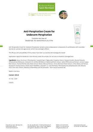Anti-Perspiration Cream for Underarm Perspiration 100 ml