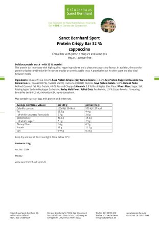 Sanct Bernhard Sport Protein Crispy Bar 32 % cappuccino (pack of 20) 700 g